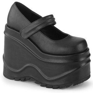 Negro Vegano 15 cm WAVE-32 zapatos de salón mary jane plataforma cuña alta
