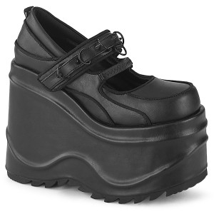 Negro Vegano 15 cm WAVE-48 zapatos de salón mary jane plataforma cuña alta