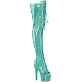 Glitter Verdes 18 cm PEEP TOE tacones botas altas por encima de la rodilla con cordones
