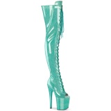 Glitter Verdes 20 cm PEEP TOE tacones botas altas por encima de la rodilla con cordones