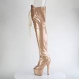 Glitter oro 18 cm PEEP TOE tacones botas altas por encima de la rodilla con cordones