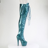 Glitter verde azulado 18 cm PEEP TOE tacones botas altas por encima de la rodilla con cordones