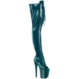 Glitter verde azulado 20 cm PEEP TOE tacones botas altas por encima de la rodilla con cordones