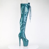 Glitter verde azulado 20 cm PEEP TOE tacones botas altas por encima de la rodilla con cordones