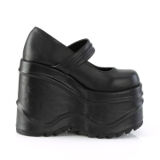 Negro Vegano 15 cm WAVE-32 zapatos de salón mary jane plataforma cuña alta